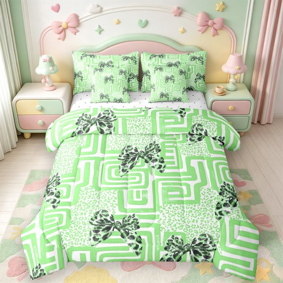 Manfei Cheetah Pattern Bowknot 7-Piece King Bedding,Geometric Gingham King Bed in a Bag,Reversible