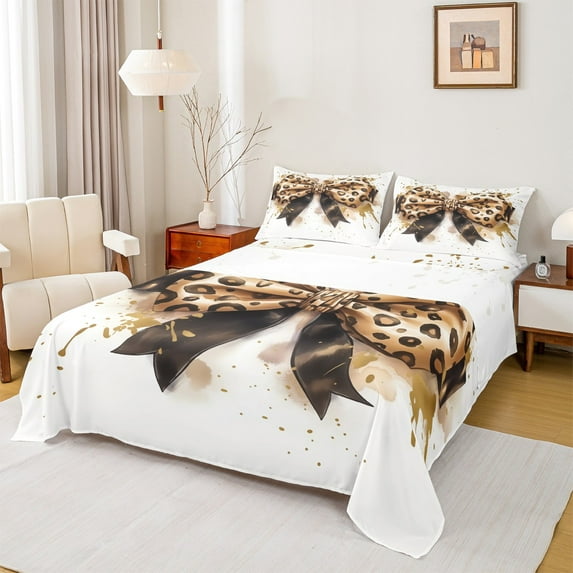 Manfei Cheetah Pattern Queen Sheet Set (4-Piece) Girls Bow Tie Brown Splashing Ink Breathable Decor