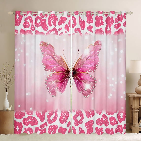 Manfei Cheetah Pattern Curtains Pack of 2 (42x84 Each),Leopard Print Kawaii Butterfly Curtains Blackout,Pink White Bedroom Curtains For Girls Kids,Luxury Bedroom Decor