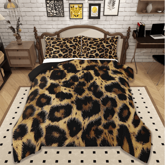 Manfei Cheetah Pattern Full Size Comforter Sets,Jungle Wildlife Bedding Comforter Set,Leopard Print Bedding Sets,Super Cozy Room Decor Reversible,3 Pieces