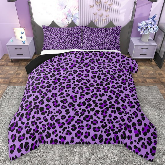 Manfei Cheetah Pattern Queen Comforter Set,Jungle Leopard Bedding Sets,Purple Black Bedding Comforter Set For Girls Kids,Luxury Bedroom Decor Reversible,3 Pieces