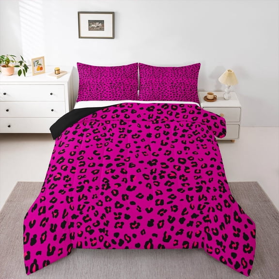 Manfei Cheetah Pattern Queen Comforter Set,Wild Animal Bedding Sets,Hotpink Leopard Print Bedding Comforter Set For Boys Kids,Breathable Home Decor Reversible,3 Pieces