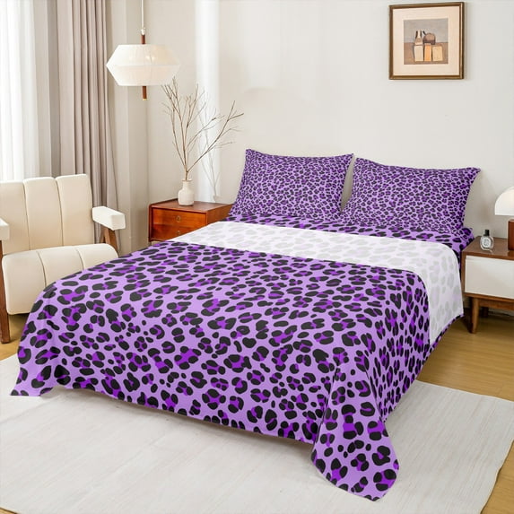 Manfei Cheetah Pattern Queen Sheet Sets,Jungle Leopard Flat Sheet,Purple Black Queen Fitted Sheet For Girls Kids,Luxury Bedroom Decor,4 Pieces