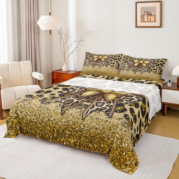 Manfei Cheetah Pattern Twin Sheet Sets,Leopard Print Bowtie Twin Fitted Sheet,Gold Brown Black Flat Sheet For Girls Kids,Luxury Bedroom Decor,3pcs