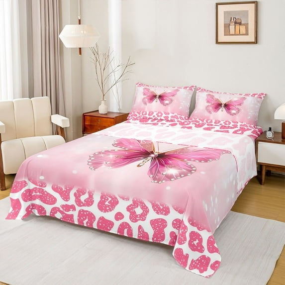Manfei Cheetah Leopard Print Twin Sheet Set (3-Piece) Pink Kawaii Butterfly Luxury Decor For Kids