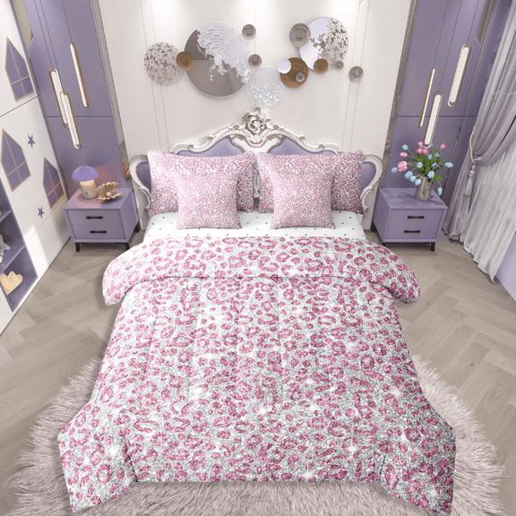 Manfei Cheetah Print 7-Piece Bedding Comforter Set,Bling Glitter King Bedding Sets,Grey Pink Ultra Soft Bed Sheets,Super Cozy Animal Room Decor,Reversible