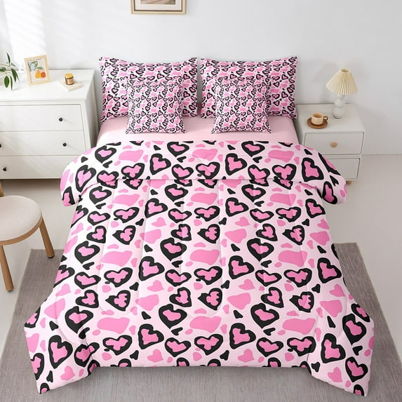 Manfei Cheetah Print 7-Piece Bedding Comforter Set,Love Heart Print King Bedding Sets,Animal Print Ultra Soft Bed Sheets,Lightweight Teenager Bedroom Decor,Reversible