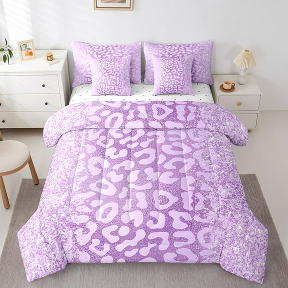 Manfei Cheetah Print 7-Piece Twin Bedding Sets,Bling Glitter Bedding Comforter Set,Abstract Ombre Breathable Sheet Sets,Microfiber Teenager Bedroom Decor,Reversible