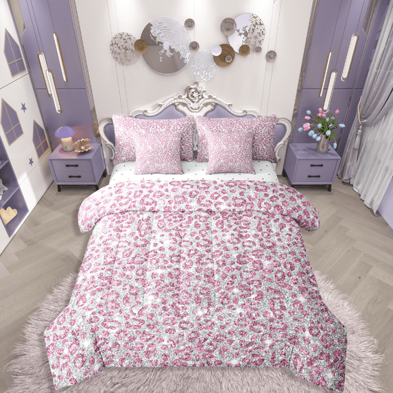 Manfei Cheetah Print 7-Piece Twin Bedding Sets,Bling Glitter Bedding Comforter Set,Grey Pink Breathable Sheet Sets,Super Cozy Animal Room Decor,Reversible
