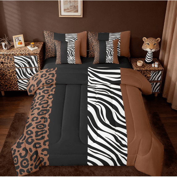 Manfei Cheetah Print 7-Piece Twin Bedding Sets,Jungle Animal Bedding Comforter Set,White Black Zebra Pattern Sheet Sets For Teens,Super Cozy Room Decor Reversible