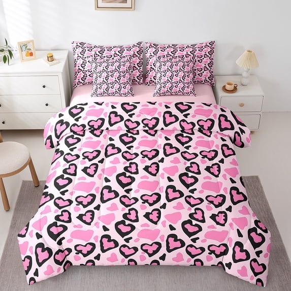 Manfei Cheetah Print 7pcs Bedding Comforter Set,Love Heart Print Queen Bedding Sets Super Cozy,Animal Print Queen Sheet Sets,Lightweight Teenager Bedroom Decor,Reversible