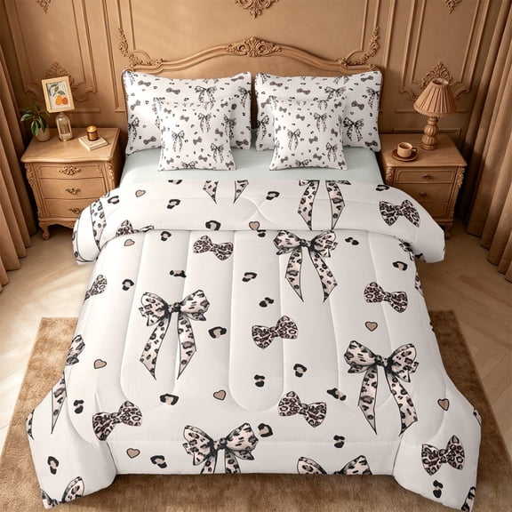 Manfei Cheetah Print Bow 7-Piece Twin Bedding Sets For Girl,Chic Leopard Pattern Bedding Comforter Set For Kids,Light Gray Reversible