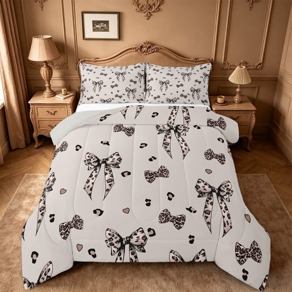 Manfei Cheetah Print Bow Full Size Comforter Sets For Girl,Chic Leopard Pattern Bedding Sets For Kids,Light Gray Reversible,3-Piece