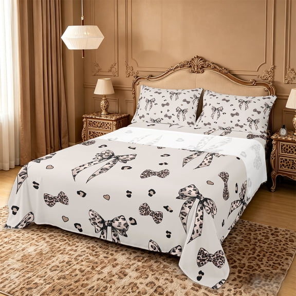 Manfei Cheetah Print Bow Full Size Sheets For Girl,Chic Leopard Pattern Bed Sheets For Kids,4-Piece