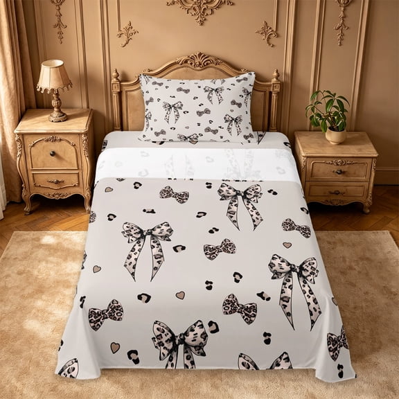 Manfei Cheetah Print Bow Twin Sheet Sets For Girl,Chic Leopard Pattern Bedding For Kids,3pcs