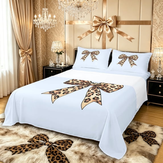 Manfei Cheetah Print Bowknot Bed Sheets 4pcs for Girls Women,Kids Teens Vintage Ribbon Bow Tie King Sheets,Luxury Bedroom Decor