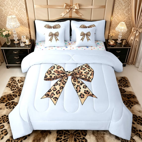 Manfei Cheetah Print Bowknot Bedding Comforter Set 7-Piece for Girls Women,Kids Teens Vintage Ribbon Bow Tie King Bedding Sets,Luxury Bedroom Decor