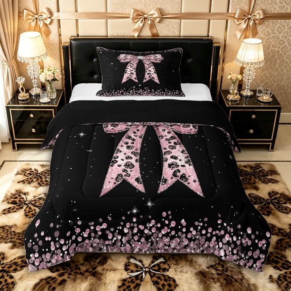Manfei Cheetah Print Bowknot Twin Comforter Sets 3-Piece for Girls Women,Kids Teens Bling Crystal Sequins Bedding Set,Black Reversible,Super Cozy Room Decor