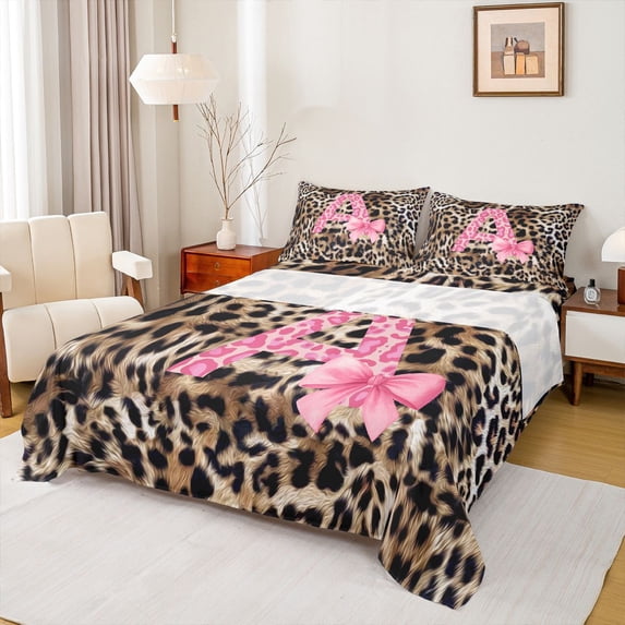 Homewish Cheetah Print Letter Bed Sheets, Pink Bowknot Monogrammed A King Sheets, Modern Fashion Style Sheet Set, Super Cozy Room Decor, 4-Piece