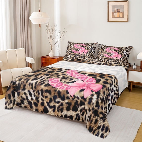 Homewish Cheetah Leopard Print 4pcs King Sheet Set, Bowknot Monogrammed S Bedding