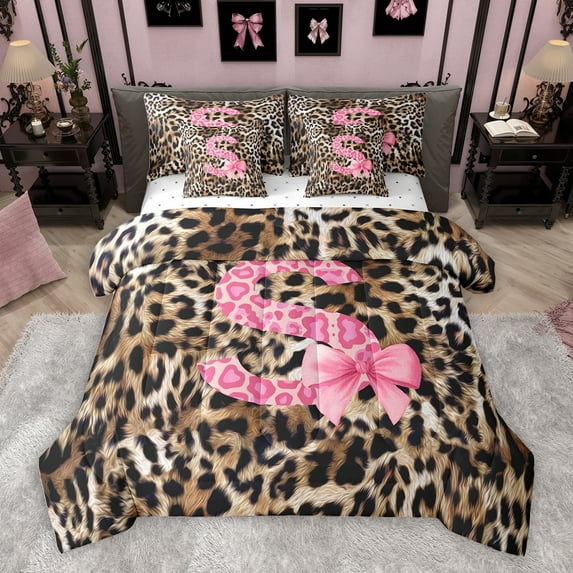 Homewish Cheetah Print Letter Bedding Comforter Set 7 Pieces, Pink Bowknot Monogrammed S Full Bedding Set, Modern Fashion Style Reversible Fitted Sheet Flat Sheet, Luxury Bedroom Decor