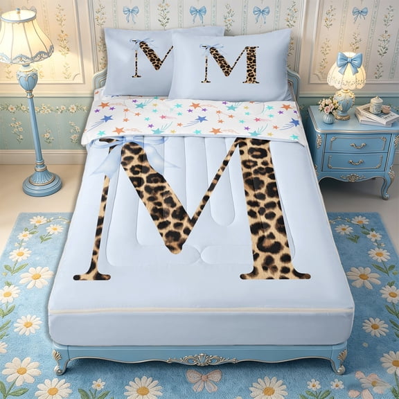 Manfei Cheetah Print Letter M Zipper Twin Comforter Sets with Fitted Sheet and 2 Pillowcases,Teens Girls Blue Ribbon Bow Knot Zipper Bedding Set,4-Piece,Reversible