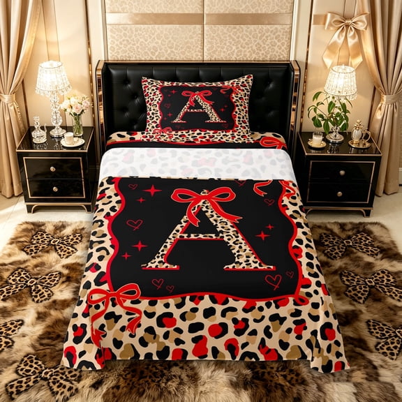 Manfei Cheetah Print Letter Monogrammed A Twin Sheet Sets 3pcs for Women Girls,Teens Adults Shabby Chic Red Ribbon Bow Bedding,Super Cozy Room Decor