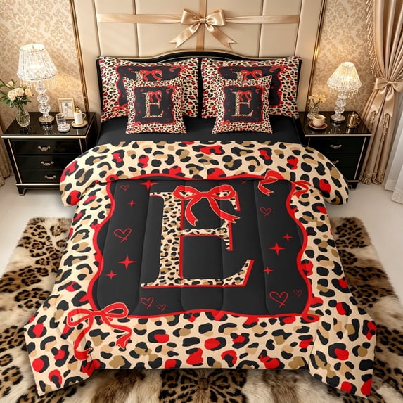 Manfei Cheetah Print Letter Monogrammed E Twin Bedding Sets 7-Piece for Women Girls,Teens Adults Shabby Chic Red Ribbon Bow Bedding Comforter Set,Black Reversible,Breathable Home Decor