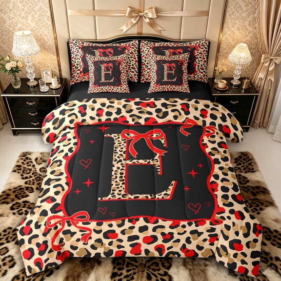 Manfei Cheetah Print Letter Monogrammed E Twin Bedding Sets 7-Piece for Women Girls,Teens Adults Shabby Chic Red Ribbon Bow Bedding Comforter Set,Black Reversible,Breathable Home Decor