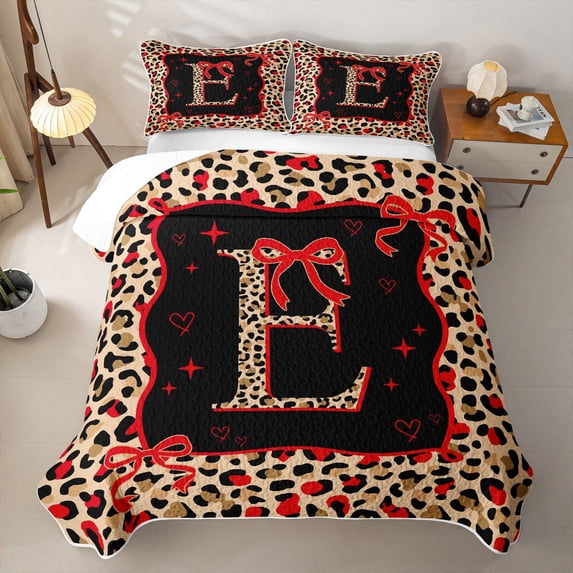 Manfei Cheetah Print Letter Monogrammed E Twin Quilt Set for Women Girls,Teens Adults Shabby Chic Red Ribbon Bow Twin Coverlet Set
