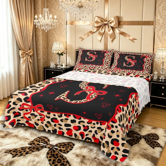 Manfei Cheetah Print Letter Monogrammed S Full Size Sheets 4-Piece for Women Girls,Teens Adults Shabby Chic Red Ribbon Bow Bed Sheets,Super Cozy Room Decor