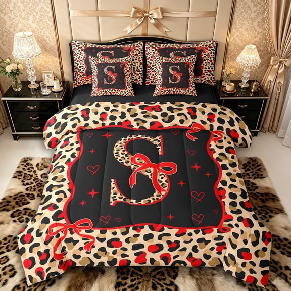 Manfei Cheetah Print Letter Monogrammed S Twin Bedding Sets 7-Piece for Women Girls,Teens Adults Shabby Chic Red Ribbon Bow Bedding Comforter Set,Black Reversible,Super Cozy Room Decor