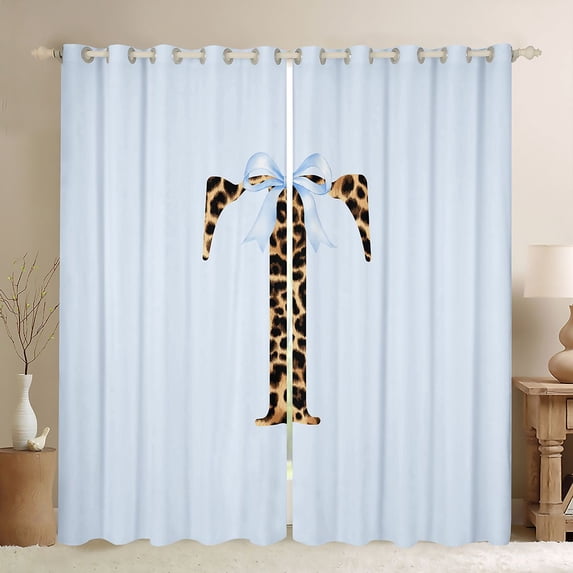 Manfei Cheetah Print Letter Monogrammed T Black Out Curtains for Kids Girls,Teens Women Blue Ribbon Bow Knot Curtains Pack of 2 (42x63 Each),Luxury Bedroom Decor
