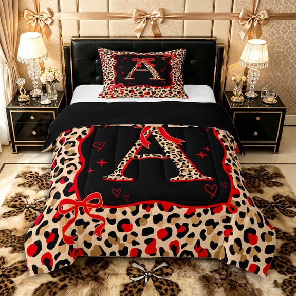 Manfei Cheetah Print Letter Monogrammed A Twin Comforter Sets 3-Piece for Women Girls,Teens Adults Shabby Chic Red Ribbon Bow Bedding Set,Black Reversible,Super Cozy Room Decor