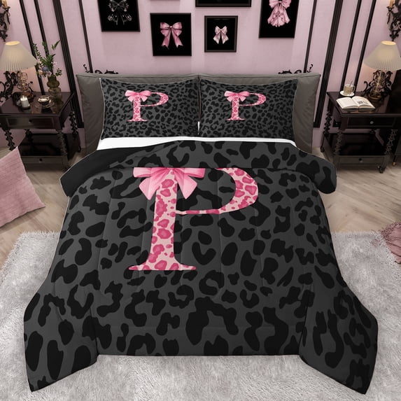 Homewish Cheetah Print Letter Queen Comforter Set, Pink Bowknot Monogrammed P Bedding Sets, Modern Fashion Style Reversible Bedding Comforter Set, Luxury Bedroom Decor, 3-Piece