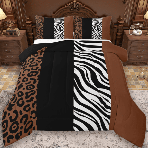 Manfei Cheetah Print Queen Comforter Set,Jungle Animal Bedding Sets,White Black Zebra Pattern Bedding Comforter Set For Teens,Super Cozy Room Decor Reversible,3 Pieces