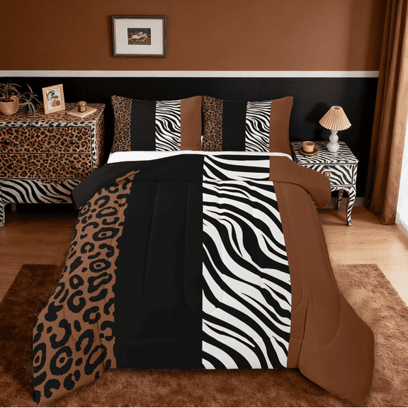 Manfei Cheetah Print Queen Comforter Set,Jungle Animal Bedding Sets,White Black Zebra Pattern Bedding Comforter Set For Teens,Super Cozy Room Decor Reversible,3 Pieces