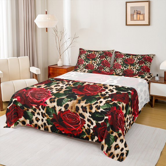 Manfei Cheetah Sheet Set Queen,Jungle Wildlife Bedding Sets Queen Size,Rimantic Floral Queen Sheet Sets,Breathable Room Decor,4-Piece