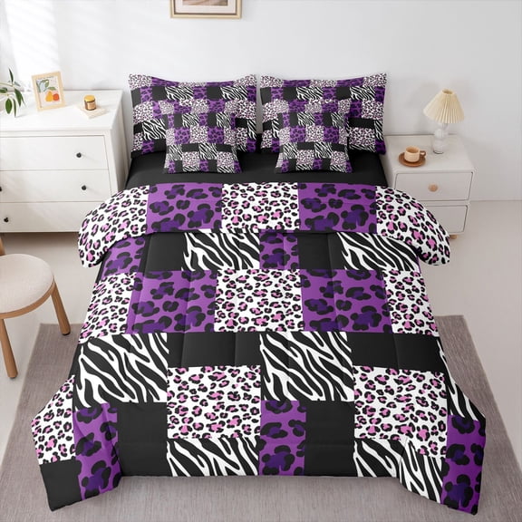 Manfei Cheetah Zebra Print 7-Piece Twin Bedding Sets for Boys Girls,Abstract Animal Print Bedding Comforter Set,Geometric Grid Plaid Breathable Sheet Sets,Lightweight Room Decor,Reversible