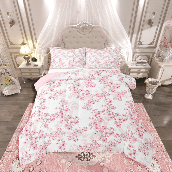 Manfei Cherry Blossom 2pcs Bedding Comforter Set,Japanese Flower Twin Comforter Sets,Pink White Breathable Bedding Set,Breathable Floral Bedroom Decorative,Reversible
