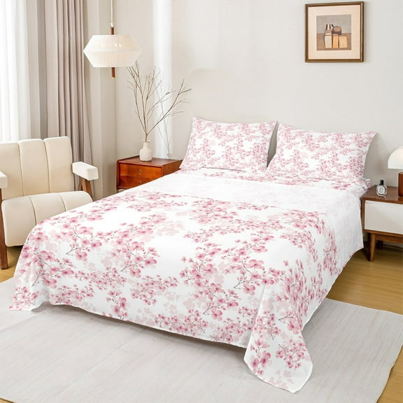Manfei Cherry Blossom 4-Piece Full Size Sheets,Japanese Flower Bed Sheets,Pink White Lightweight Sheet Sets,Breathable Floral Bedroom Decorative