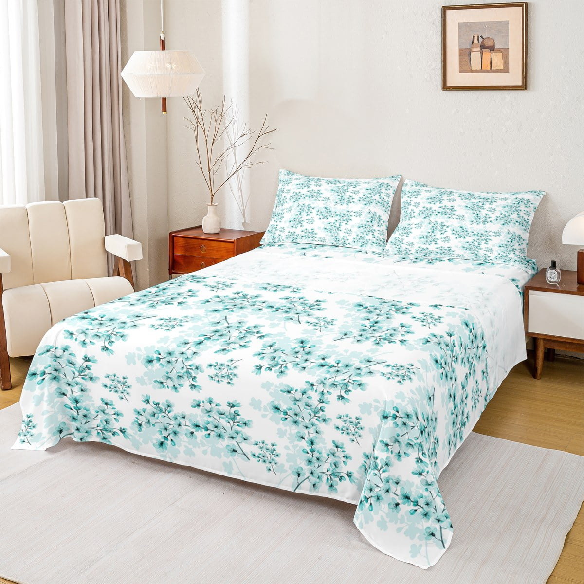 Manfei Cherry Blossom 4pcs Bed Sheets,Japanese Flower King Sheets,Green