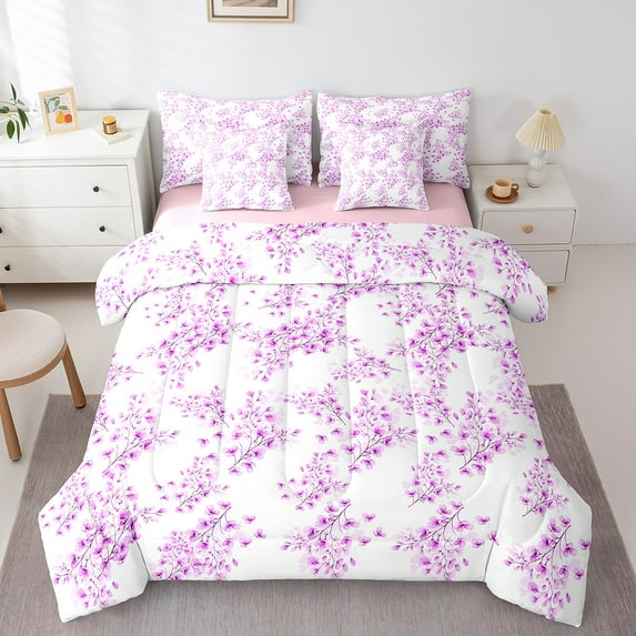 Manfei Cherry Blossom 7-Piece Twin Bedding Sets,Chic Flower Bedding Comforter Set,Japanese Style Breathable Sheet Sets,Super Cozy Girls Bedroom Decor,Reversible