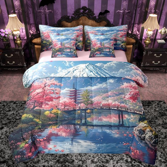 Manfei Cherry Blossom 7-Piece Twin Bedding Sets,Japanese Architecture Bedding Comforter Set,Natural Snowman Mountain Sheet Sets For Girls Kids,Luxury Bedroom Decor Reversible