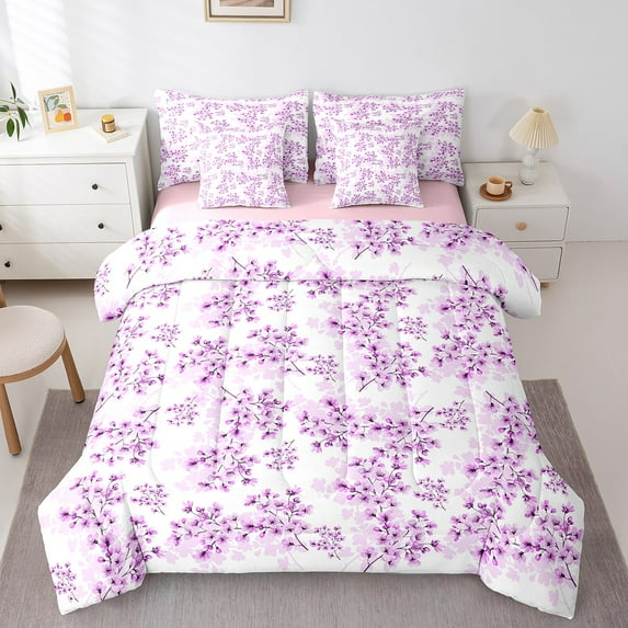 Manfei Cherry Blossom 7 Pieces Bedding Comforter Set,Japanese Flower Full Bedding Set Lightweight,Purple White Fitted Sheet Flat Sheet,Breathable Floral Bedroom Decorative,Reversible