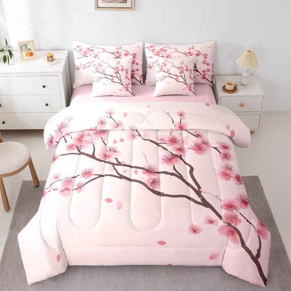 Manfei Cherry Blossom 7pcs Bedding Comforter Set,Japanese Style Queen Bedding Sets,Pink Sakura Queen Sheet Sets For Girls,Ultra Soft Home Decor Reversible