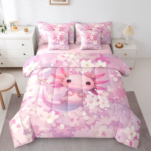 Manfei Cherry Blossom Axolotl Twin Bedding,Pink Floral Bedding Comforter Set For Girls,Pink White,Pink Reversible,7pcs