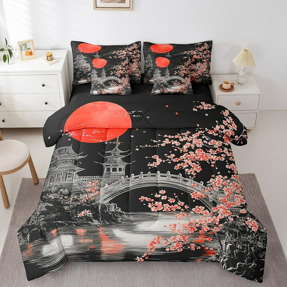 Manfei Cherry Blossom Bed in a Bag King Size,Red Moon Bridge Bed Set,Japanese Ukiyo-E Bedding King Size,Lightweight Bedroom Decoration Reversible,7 Pieces