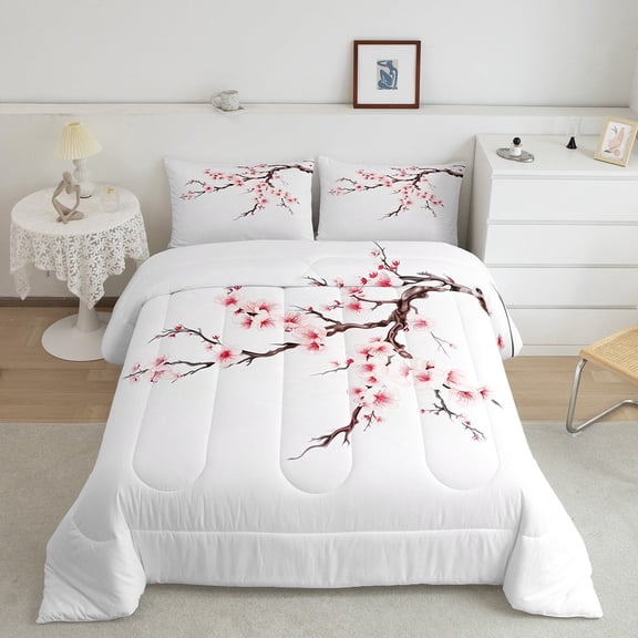 Manfei Cherry Blossom Comforter Sets King Size,Japan Minimalist Style Comforters & Duvets,Pink White Flower Bedding King Comforter Set,Ultra Soft Room Decoration,3-Piece