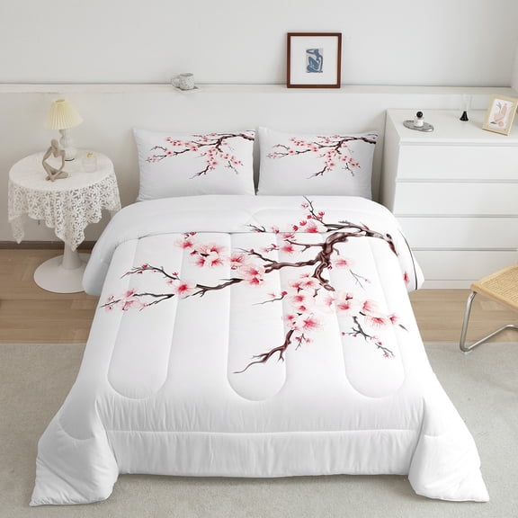 Manfei Cherry Blossom Comforter Sets Twin Size,Japan Minimalist Style Comforters & Duvets,Pink White Flower Bedding Twin Comforter Set,Ultra Soft Room Decoration,2-Piece